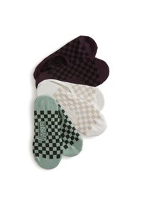 Vier paar sokken met een dambordpatroon in paars, zwart, wit en mintgroen, met het "VANS" logo op het mintgroene paar.