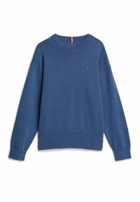 Maglione blu lavorato a maglia con scollatura rotonda, spalle cadute, polsini e orlo a coste, caratterizzato da un piccolo logo sul petto.