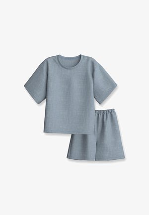 Haut bleu clair à manches courtes avec boutons-pression sur l'épaule et short assorti à taille élastique, en tissu texturé.