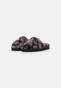 Faux fur slide slippers in gray and black, featuring a soft textured upper and flat black sole, designed for comfort and casual wear.