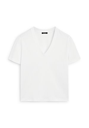 White short-sleeve V-neck t-shirt made of cotton, featuring a minimalist design and smooth texture, with a straight hem and no embellishments.