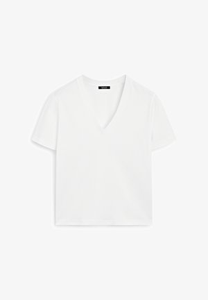 White short-sleeve V-neck t-shirt made of cotton, featuring a minimalist design and smooth texture, with a straight hem and no embellishments.