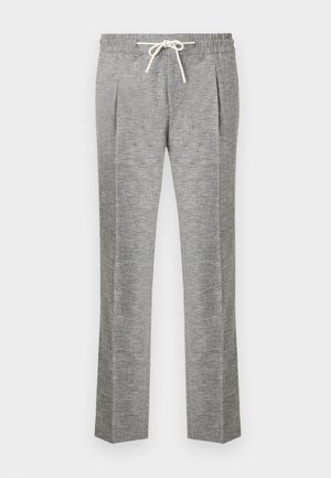Svetlo sive hlače s teksturo, z ravnimi hlačnicami, elastičnim pasom in belim vrvico za zavezovanje, sprednjimi gubami in stranskimi žepi.