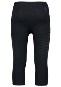 Schwarze athletische Caprihosen mit einem strukturierten Muster, breitem Bund und knielanger Länge, versehen mit einem kreisförmigen Ausschnitt im Schrittbereich.