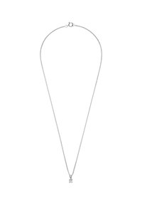 Zilveren ketting met een fijn gestructureerd schakeldesign en een kleine vierkante hanger met een heldere edelsteen.