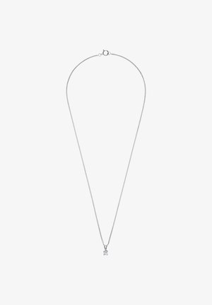 Collar de cadena de plata con un diseño de eslabones de textura fina y un pequeño colgante cuadrado que presenta una piedra preciosa transparente.