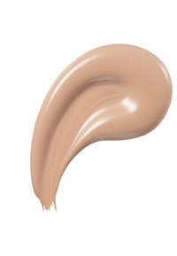 Fond de teint liquide dans une teinte beige crémeux, texture lisse avec une finition brillante, forme en tourbillon sur un fond blanc.