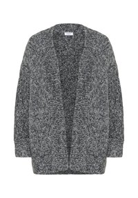 Sivý pletený cardigan s otvoreným predným dielom, ktorý má textúrovaný vzor a široké rukávy. Mäkká vlnená zmesová tkanina vytvára útulný vzhľad.