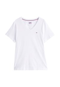 Camiseta corta de manga de hombre con escote en V blanca, con un pequeño logo de Tommy Jeans en el pecho y detalles en rojo, blanco y azul en el cuello.