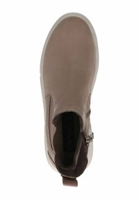 Bottine marron en cuir lisse, avec un côté élastique, des détails de fermetures éclair, un bout arrondi et une semelle blanche contrastante.