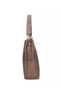 Borsa in pelle taupe vista di lato con una tracolla corta, dotata di fodera interna a motivo e dettagli in metallo dorato.
