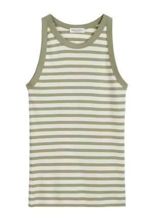 Stripped tank top with a light beige base and olive green horizontal stripes. Features a round neckline and sleeveless design.
