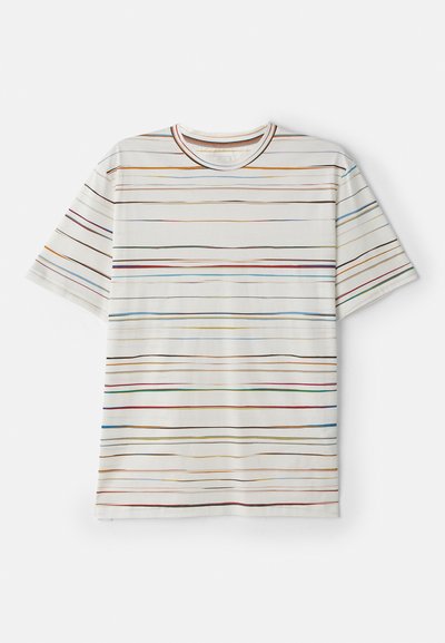 Kortermet t-skjorte med kremfarget base og flerfargede horisontale striper. Myk stoff, rund hals, rett snitt, minimalistisk design.