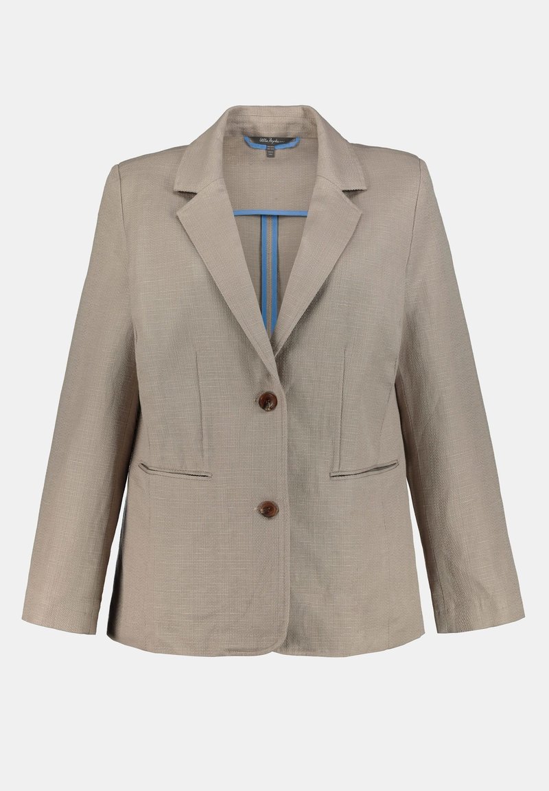 Blazer beige avec une finition texturée, fermeture à un bouton marron, deux poches avant, et une bande bleue contrastante à l'intérieur. Col cranté standard.