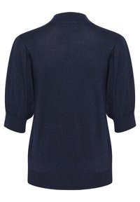 Marineblauwe pullover met korte mouwen en een geribde kraag, van gestructureerde stof met een lichte glans, met pofmouwen en een relaxte pasvorm.