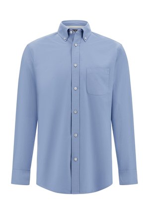 Light blue button-up shirt with long sleeves, a collar, and a single chest pocket. Made of smooth fabric with a plain texture.