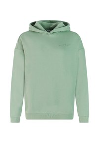 Mintgroene hoodie gemaakt van zachte stof, met een ontspannen pasvorm, trekkoordcapuchon en subtiele geborduurde branding op de borst.