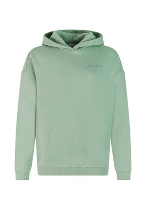 Mintgroene hoodie gemaakt van zachte stof, met een ontspannen pasvorm, trekkoordcapuchon en subtiele geborduurde branding op de borst.