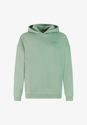 Mintgroene hoodie gemaakt van zachte stof, met een ontspannen pasvorm, trekkoordcapuchon en subtiele geborduurde branding op de borst.