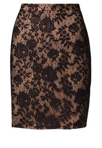 Mustat pitsihame, jossa on kukkakuosi nude-pohjalla. Suora malli vyötäröhineen, suunniteltu luomaan särmikäs siluetti.