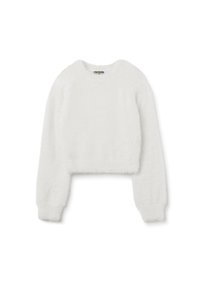 Gekürzter, weißer Pullover aus flauschigem Material mit langen Ärmeln, elastischen Bündchen und rundem Halsausschnitt.