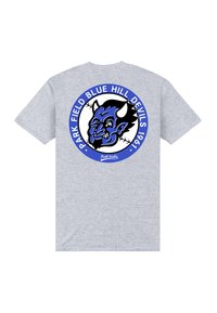 Grå bomulds t-shirt med et blåt cirkel-grafik og en djævlemaskot med sorte detaljer. Teksten lyder "PARK FIELD BLUE HILL DEVILS 1961."