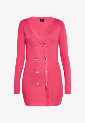 Cardigan lungo a maniche lunghe rosa a coste con scollatura a V profonda e dettagli con bottoni dorati doppi lungo la parte anteriore. Tessuto morbido, silhouette aderente.