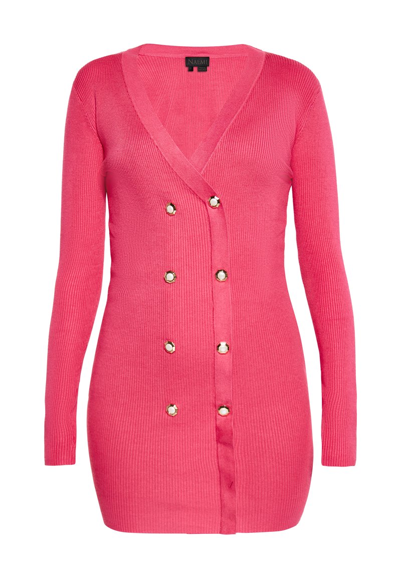 Cardigan lungo a maniche lunghe rosa a coste con scollatura a V profonda e dettagli con bottoni dorati doppi lungo la parte anteriore. Tessuto morbido, silhouette aderente.