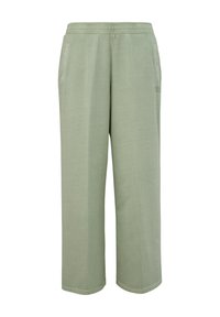 Helles grünes, dehnbares Baumwoll-Hosen mit lässigem Schnitt, elastischem Bund und Seitentaschen. Schlichtes Design ohne sichtbare Muster oder Akzente.