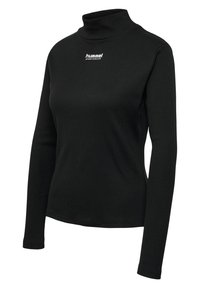Zwart coltruit met lange mouwen, geribbeld textuur, en wit "hummel sportswear" logo op de voorkant.