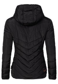 Black insulated jacket with a chevron pattern, a hood, and long sleeves. Features a subtle branded patch on the left sleeve.