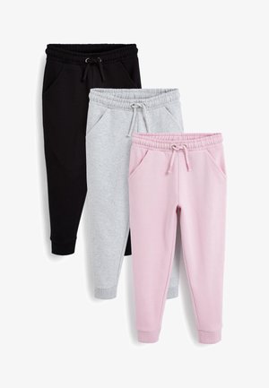 Tre paia di pantaloni da jogging: neri, grigi e rosa; realizzati in tessuto morbido con una cintura elastica e tasche laterali.