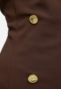 Obleka iz rjavega blaga z teksturirano površino, ki ima spredaj dva zlatnika s podrobnimi gravurami.