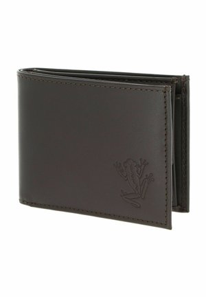 Dark brown leather bi-fold wallet with embossed frog design on bottom right corner, visible stitching along edges.