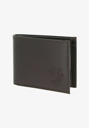 Dark brown leather bi-fold wallet with embossed frog design on bottom right corner, visible stitching along edges.