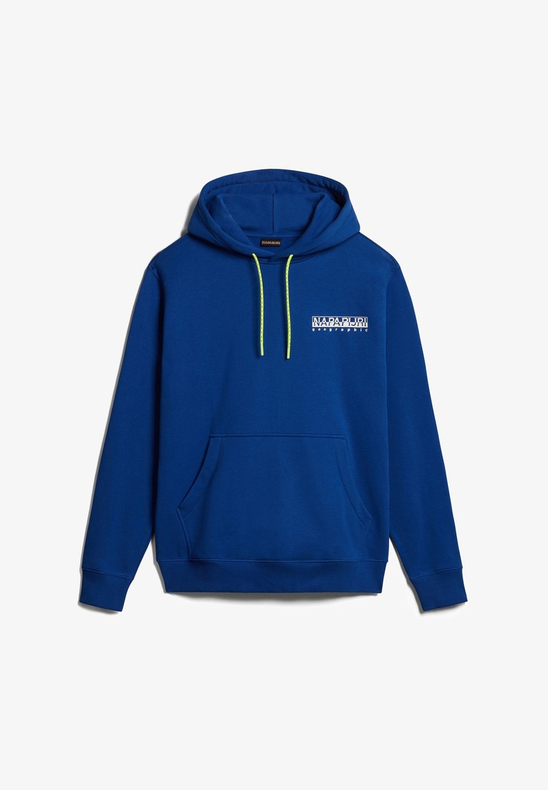 Sweat à capuche bleu avec poche avant, cordons jaunes néon et petit logo blanc Napapijri sur la poitrine.