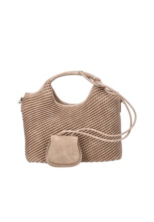 Beige gestructureerde handtas met korte handgreep en aangehecht klein tasje, weergegeven op een witte achtergrond.