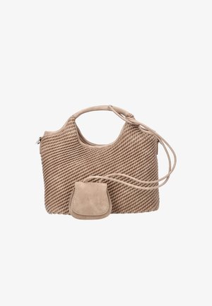 Beige gestructureerde handtas met korte handgreep en aangehecht klein tasje, weergegeven op een witte achtergrond.