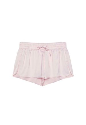 Hellrosa Satin-Shorts mit elastischem Bund und vorderem Kordelzug, mit abgerundeten Seitenabschlüssen für eine lockere Passform.