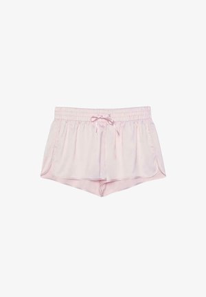 Hellrosa Satin-Shorts mit elastischem Bund und vorderem Kordelzug, mit abgerundeten Seitenabschlüssen für eine lockere Passform.