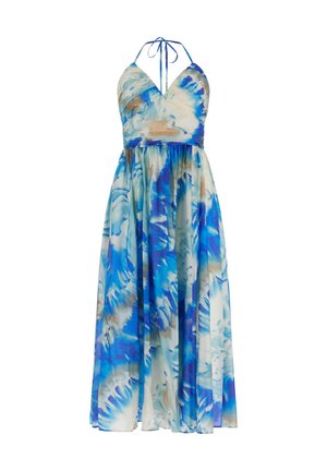 Mouwloze lange halterjurk met diepe V-hals, met blauw en beige abstract aquarelpatroon op lichte stof.