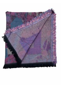 Plaid tissé en nuances de violet et de bleu avec un motif floral. Caractérisé par des bords frangés et une surface texturée.