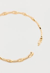 Náhrdelník z pozláteného reťazca s oválnymi článkami, ktoré majú hladký povrch a sú na jednej strane posiate malými čírymi kameňmi, zabezpečený pomocou karabínky.