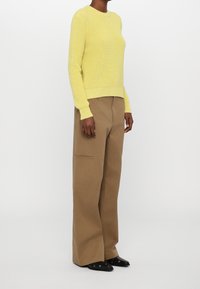 Maglione lavorato a maglia giallo chiaro con collo rotondo, abbinato a pantaloni a gamba larga color beige dotati di tasche laterali. Scarpe nere con dettagli decorativi.