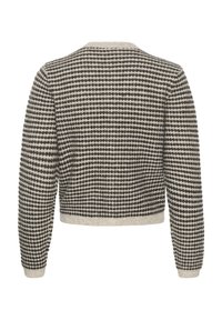 Knitted cropped sweater in light gray with black dot pattern, long sleeves, and ribbed cuffs and hem. Soft texture and regular fit.