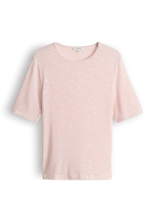 Hellrosa kurzärmeliges Hemd mit dezenten horizontalen Streifen und rundem Ausschnitt, vor weißem Hintergrund präsentiert.