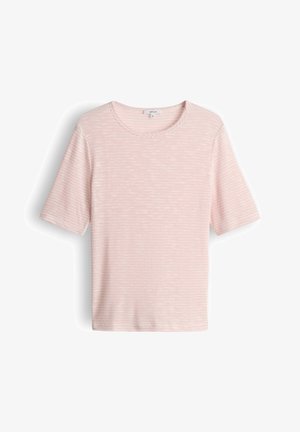 Hellrosa kurzärmeliges Hemd mit dezenten horizontalen Streifen und rundem Ausschnitt, vor weißem Hintergrund präsentiert.