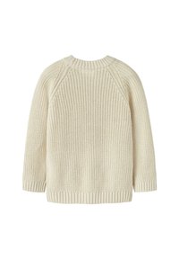 Maglione lavorato a maglia color crema con un motivo a coste testurizzato, scollo a girocollo e lunghe maniche a raglan. Rifinito con polsini e orlo a coste.