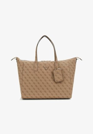 Beige handtas met patroon, gemaakt van synthetisch materiaal, met lange handvatten, een ritssluiting en een klein label met de merknaam eraan bevestigd.
