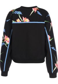 Felpa nera con stampe floreali in rosa e verde. Presenta dettagli blu e un design cropped con polsini e orlo a coste.